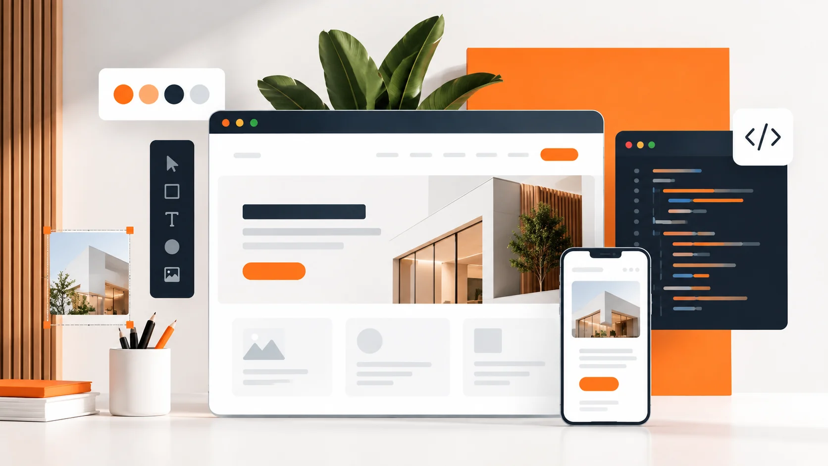 Diseño y desarrollo web con interfaz de página web, herramientas de diseño, código de programación y adaptación a dispositivos móviles.