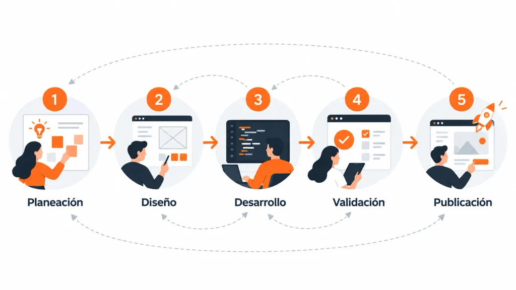 Flujo de trabajo de un proyecto web con cinco etapas: planeación, diseño, desarrollo, validación y publicación, conectadas mediante ciclos de revisión.